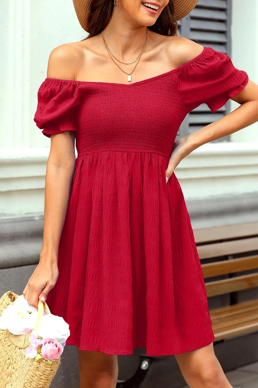 Holipick Womens Summer Dress - Smocked Sweetheart Neckline Puff Sleeve Flowy A-Line Short Cute Casual Spring Dresses for Teen
