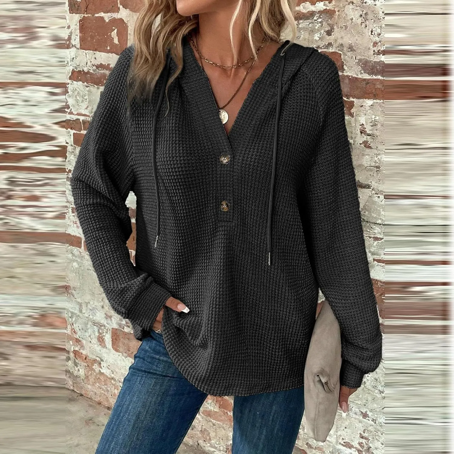 Hoodies for Women Waffle Knit Long Sleeve Drawstring Button V Neck Sweatshirt Comfy Lightweight Hooded Tops