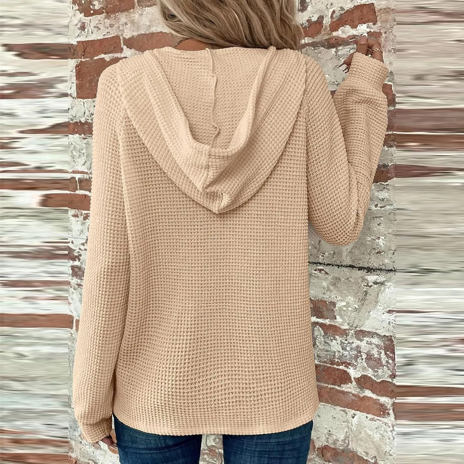 Hoodies for Women Waffle Knit Long Sleeve Drawstring Button V Neck Sweatshirt Comfy Lightweight Hooded Tops