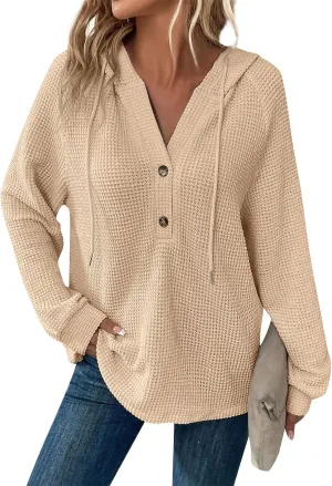 Hoodies for Women Waffle Knit Long Sleeve Drawstring Button V Neck Sweatshirt Comfy Lightweight Hooded Tops