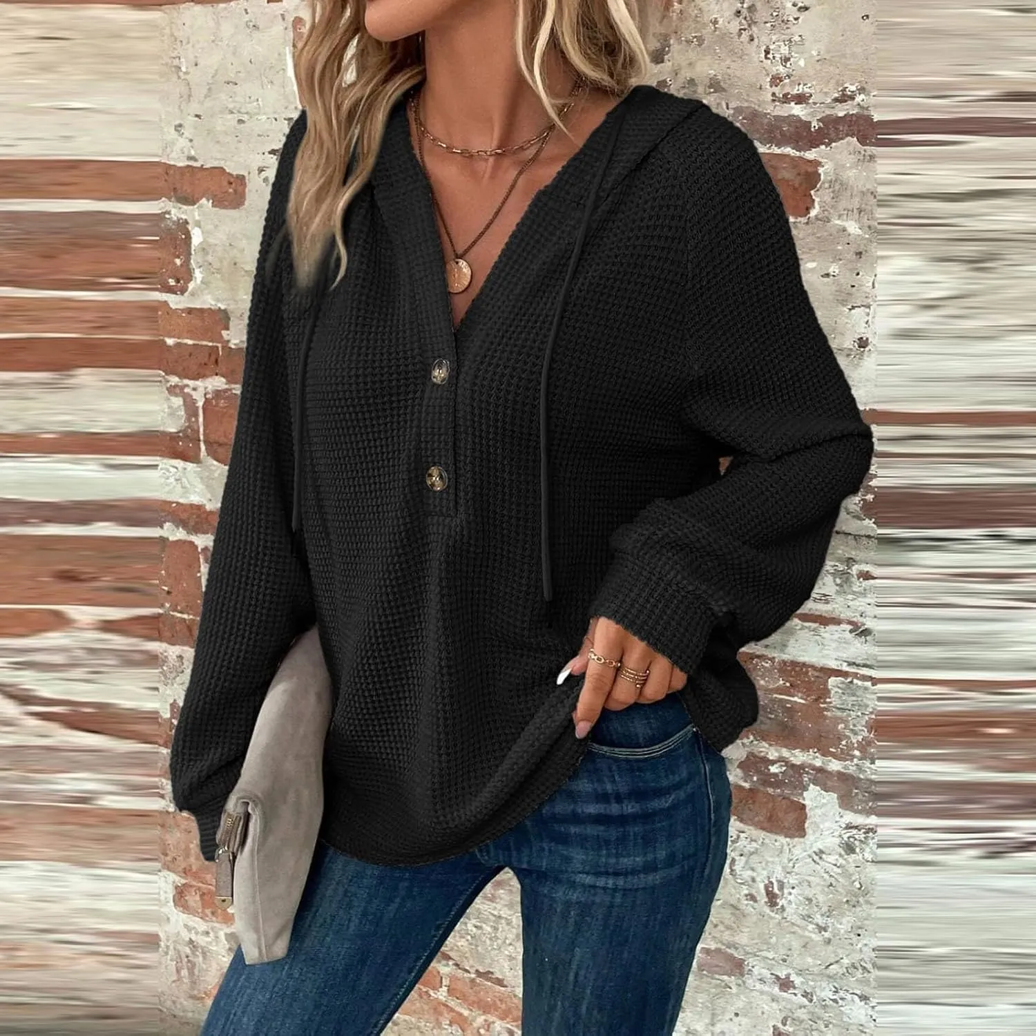 Hoodies for Women Waffle Knit Long Sleeve Drawstring Button V Neck Sweatshirt Comfy Lightweight Hooded Tops