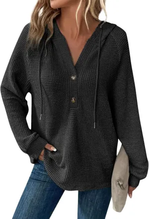 Hoodies for Women Waffle Knit Long Sleeve Drawstring Button V Neck Sweatshirt Comfy Lightweight Hooded Tops