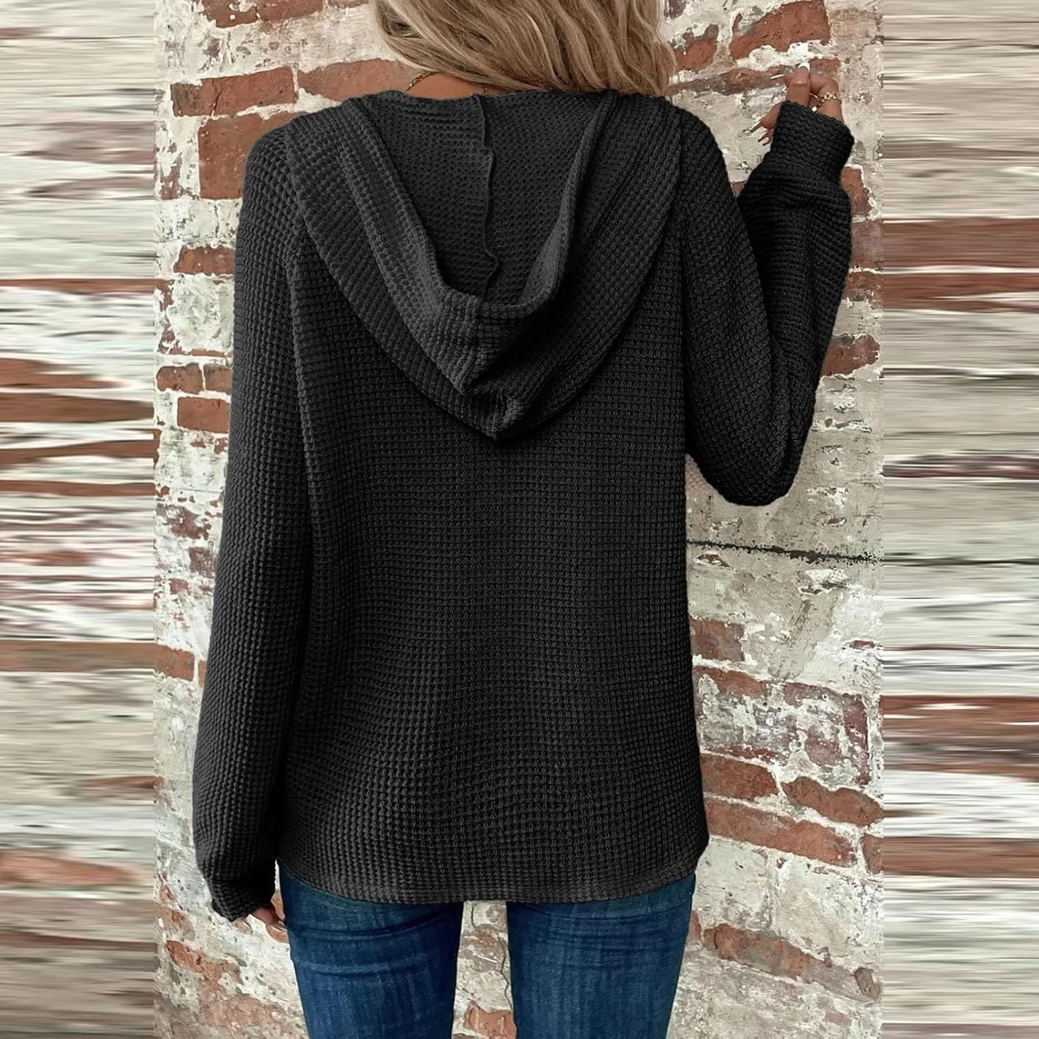Hoodies for Women Waffle Knit Long Sleeve Drawstring Button V Neck Sweatshirt Comfy Lightweight Hooded Tops