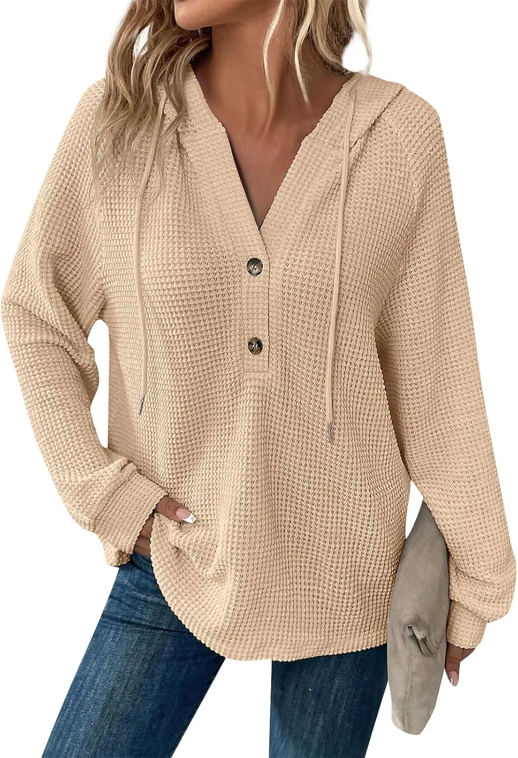 Hoodies for Women Waffle Knit Long Sleeve Drawstring Button V Neck Sweatshirt Comfy Lightweight Hooded Tops