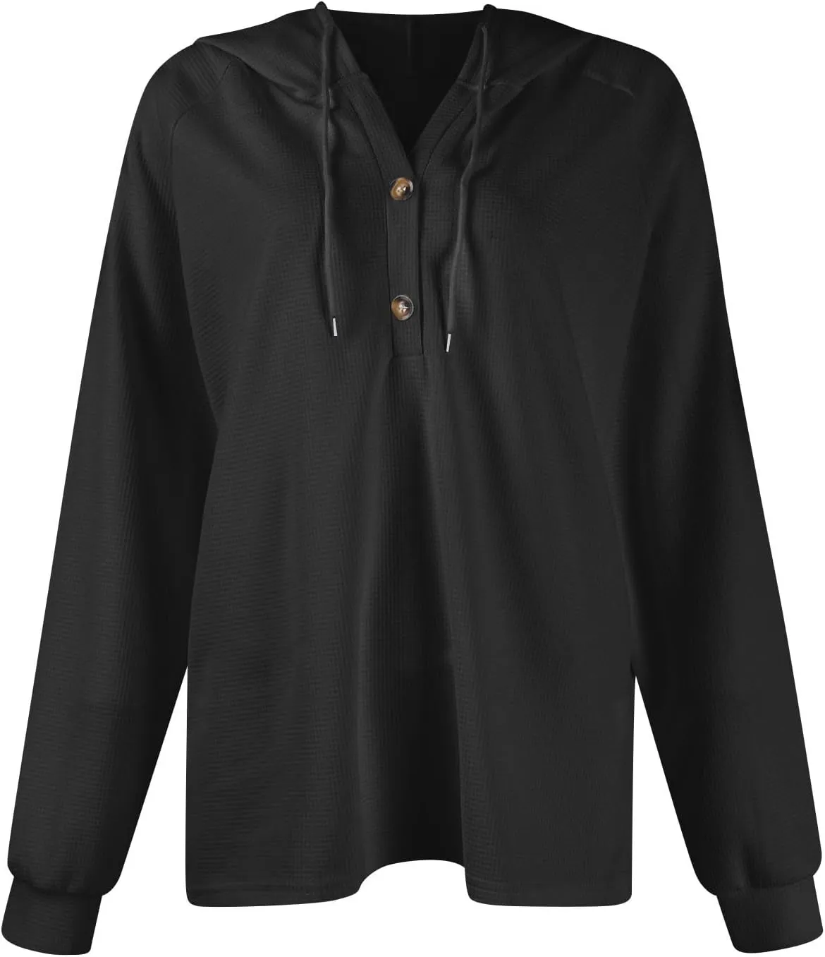 Hoodies for Women Waffle Knit Long Sleeve Drawstring Button V Neck Sweatshirt Comfy Lightweight Hooded Tops