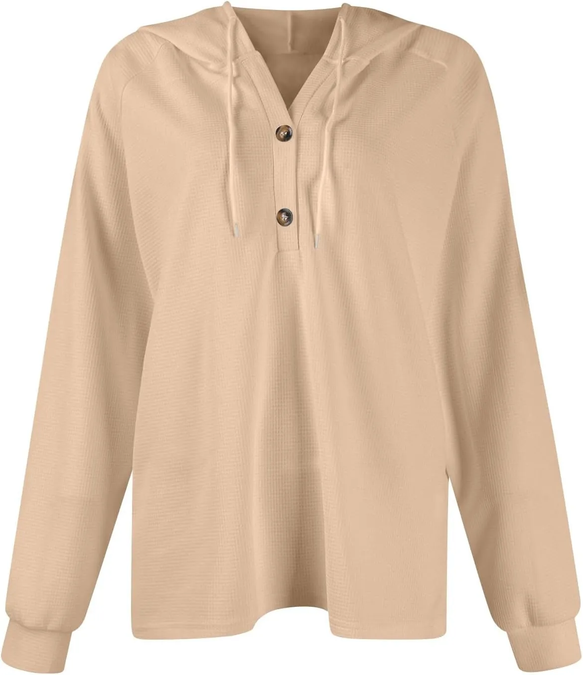 Hoodies for Women Waffle Knit Long Sleeve Drawstring Button V Neck Sweatshirt Comfy Lightweight Hooded Tops