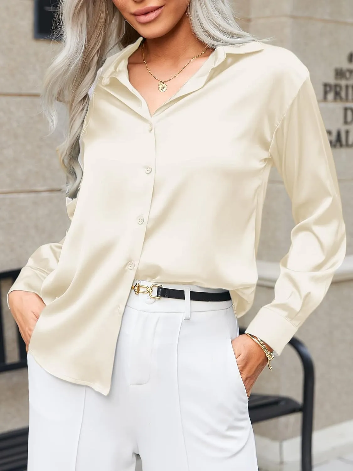 HOTOUCH Women Satin Silk Button Down Shirt Ladies Long Sleeve Tops V Neck Loose Blouse Dressy Business Casual Work Tunic Fall
