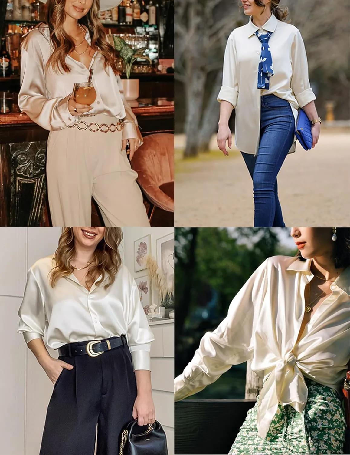 HOTOUCH Women Satin Silk Button Down Shirt Ladies Long Sleeve Tops V Neck Loose Blouse Dressy Business Casual Work Tunic Fall