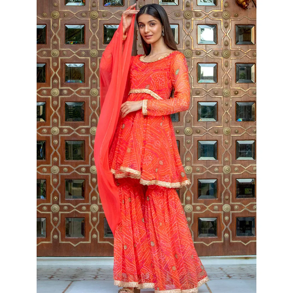 HOUSE OF JAMOTI Orange Chunari Kurta Sharara (Set of 3)