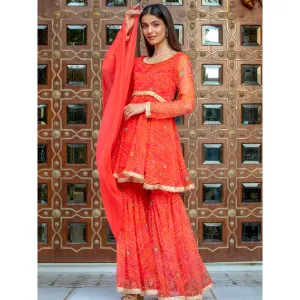 HOUSE OF JAMOTI Orange Chunari Kurta Sharara (Set of 3)