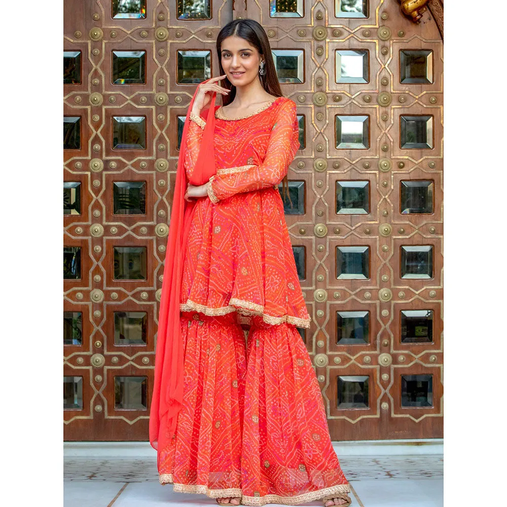 HOUSE OF JAMOTI Orange Chunari Kurta Sharara (Set of 3)