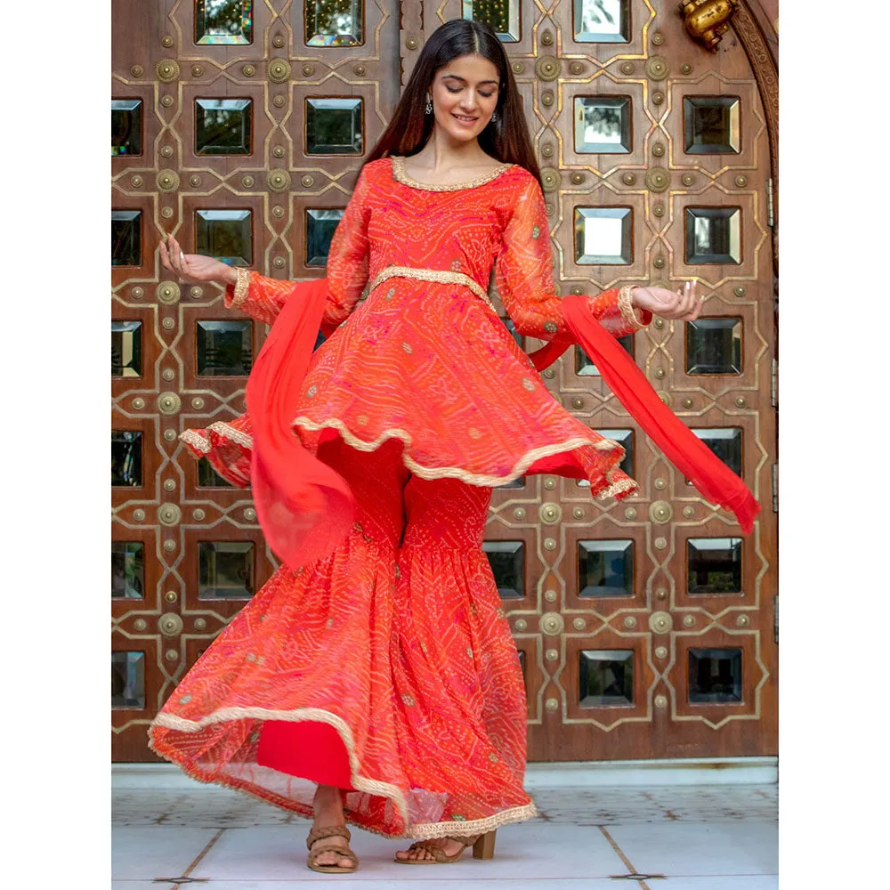 HOUSE OF JAMOTI Orange Chunari Kurta Sharara (Set of 3)