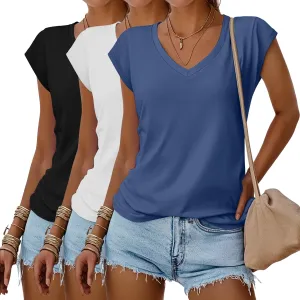 Huukeay 3 Pack Womens V Neck T Shirts, Cap Sleeve Summer Casual Tops Loose Fit Short Sleeve Tees 2025 Trendy Shirts(Black, White, Haze Blue,XX-Large)