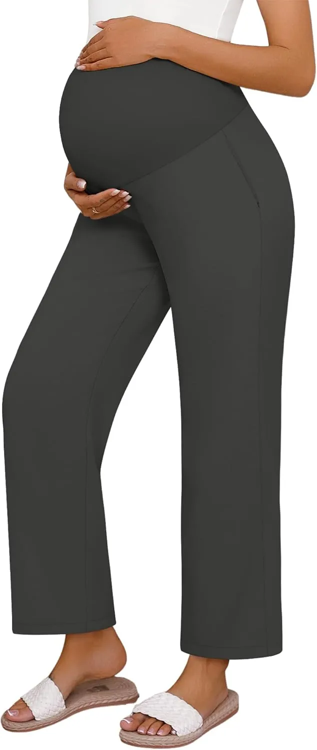 Huukeay Women's Cotton Linen Maternity Pants, High Waisted Lounge Pregnancy Pants Over The Belly Trousers with Pockets