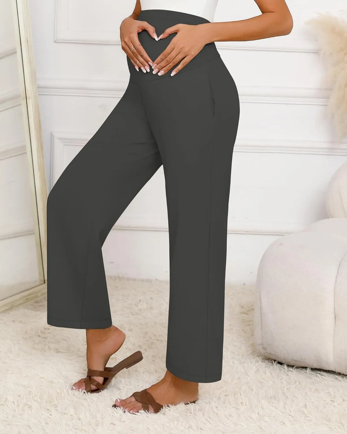Huukeay Women's Cotton Linen Maternity Pants, High Waisted Lounge Pregnancy Pants Over The Belly Trousers with Pockets