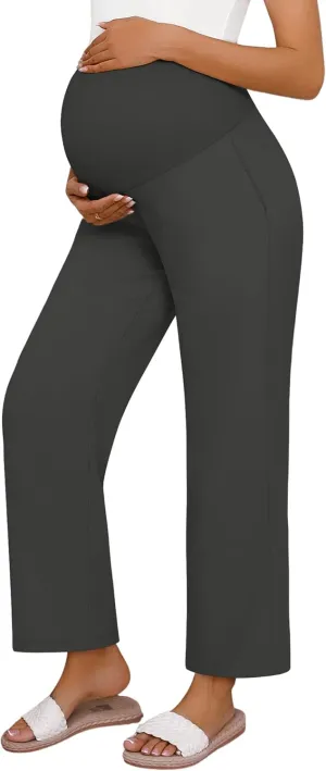 Huukeay Women's Cotton Linen Maternity Pants, High Waisted Lounge Pregnancy Pants Over The Belly Trousers with Pockets