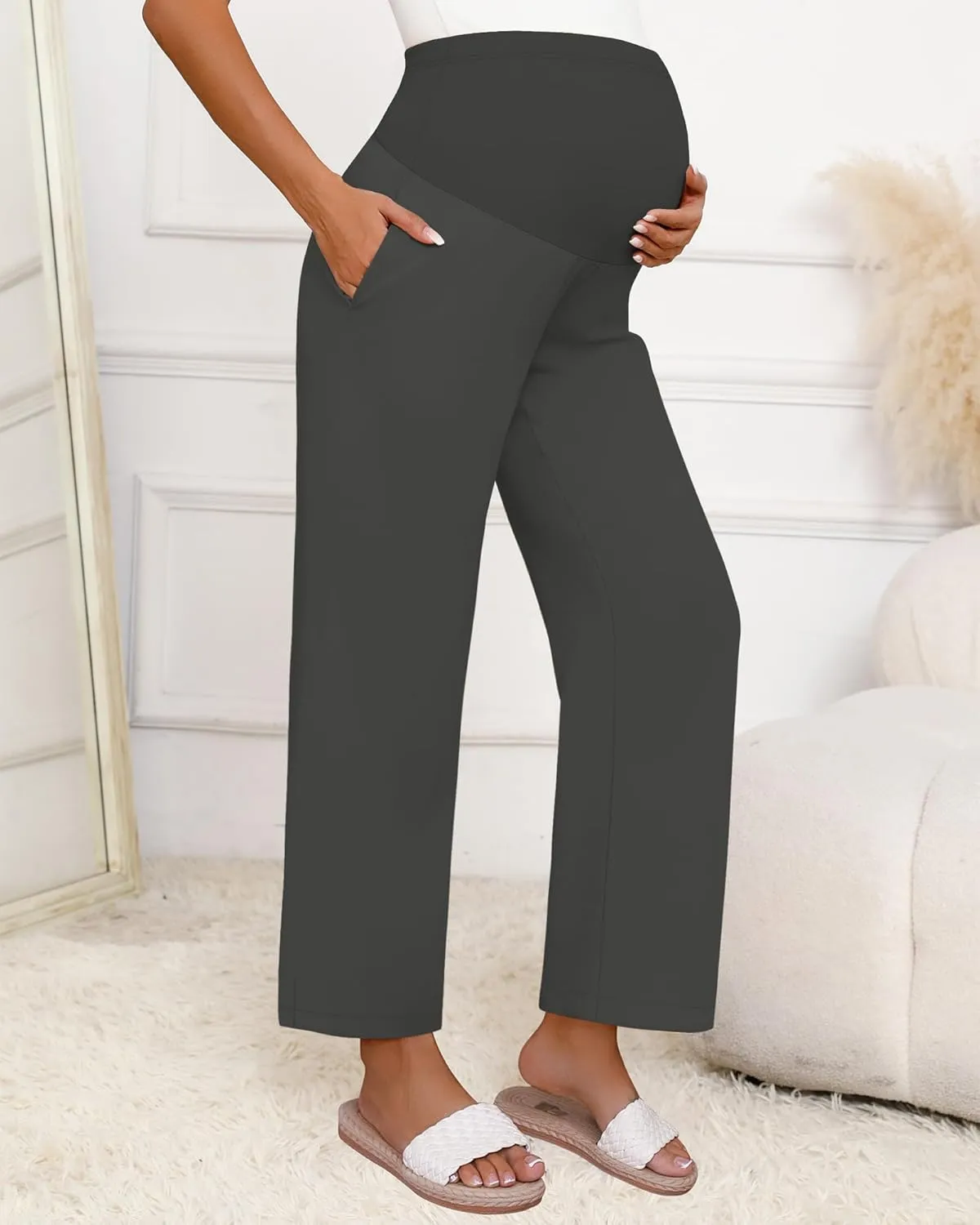 Huukeay Women's Cotton Linen Maternity Pants, High Waisted Lounge Pregnancy Pants Over The Belly Trousers with Pockets
