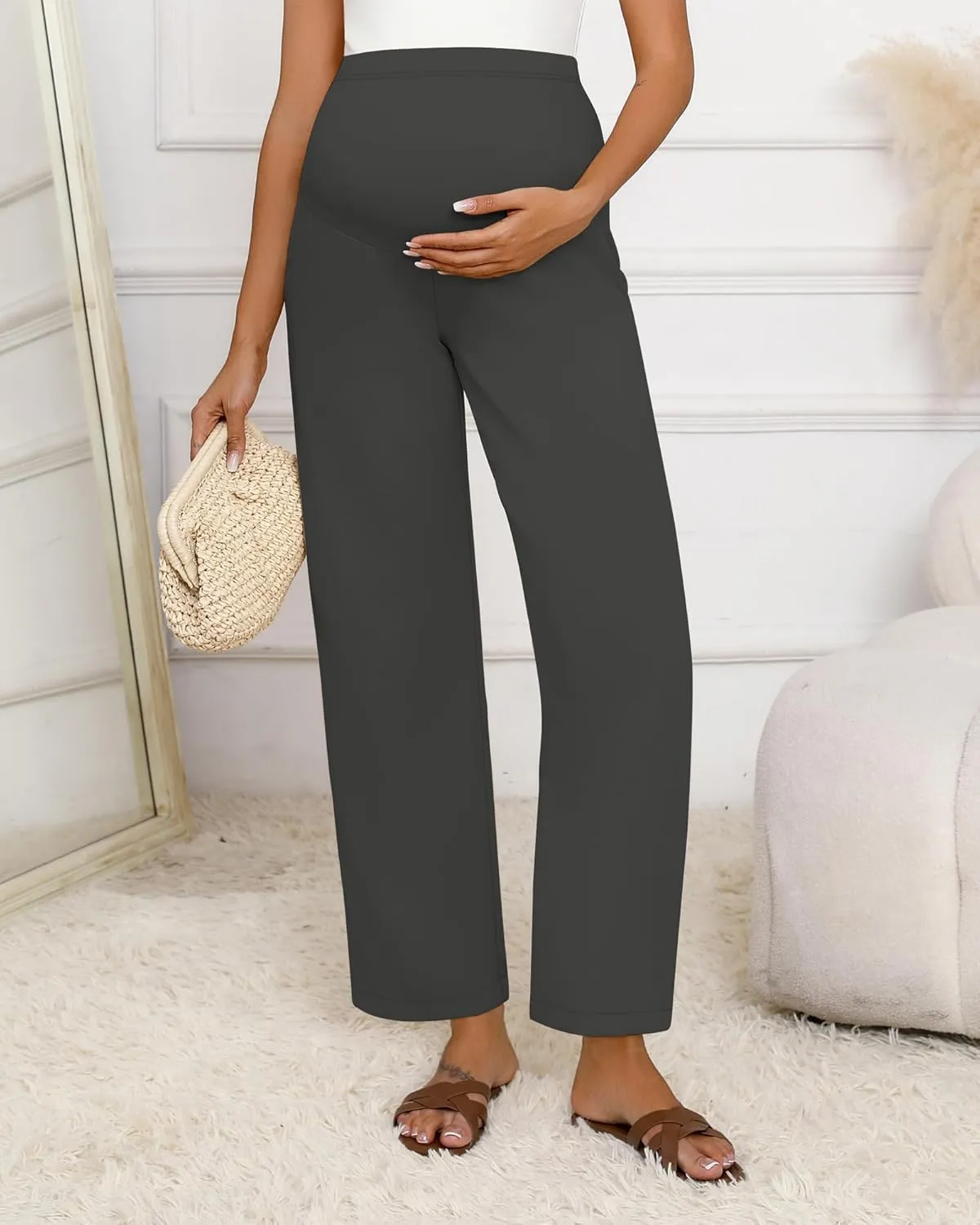 Huukeay Women's Cotton Linen Maternity Pants, High Waisted Lounge Pregnancy Pants Over The Belly Trousers with Pockets