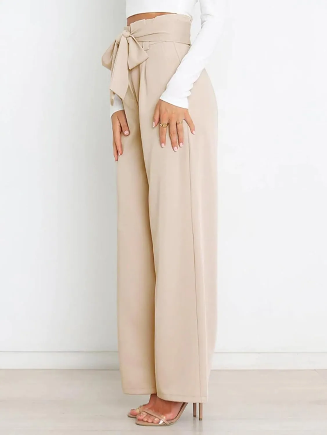 IFFEI Women's Wide Leg Pants with Pockets Business Casual Trousers High Waist with Adjustable Belt