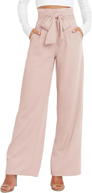 IFFEI Women's Wide Leg Pants with Pockets Business Casual Trousers High Waist with Adjustable Belt