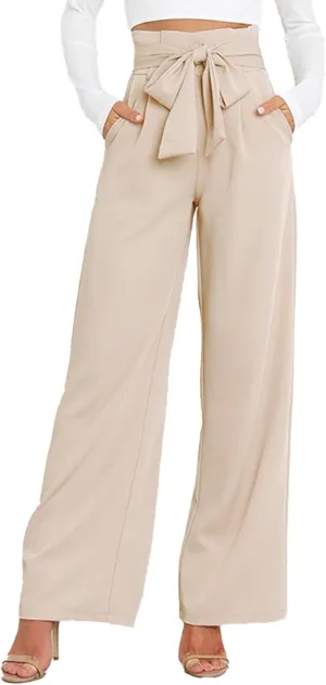 IFFEI Women's Wide Leg Pants with Pockets Business Casual Trousers High Waist with Adjustable Belt