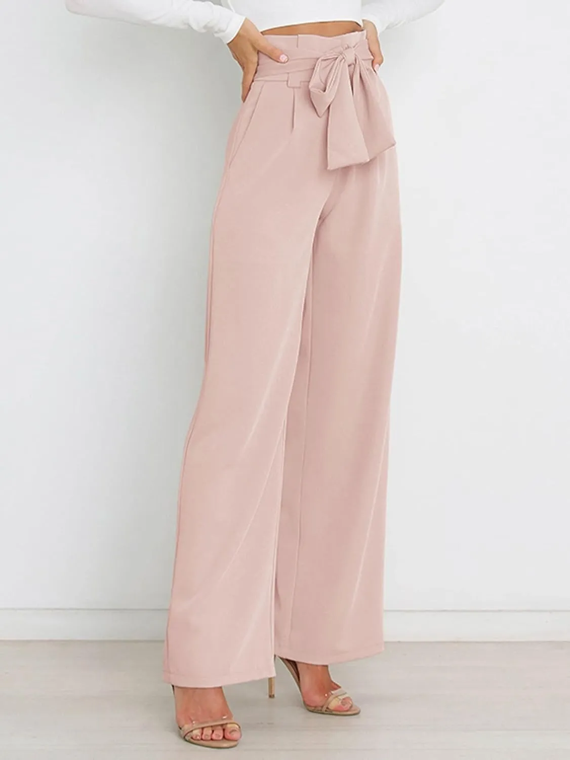 IFFEI Women's Wide Leg Pants with Pockets Business Casual Trousers High Waist with Adjustable Belt