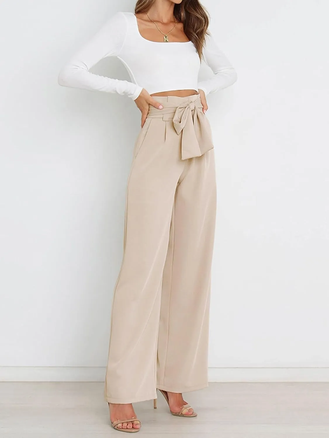 IFFEI Women's Wide Leg Pants with Pockets Business Casual Trousers High Waist with Adjustable Belt