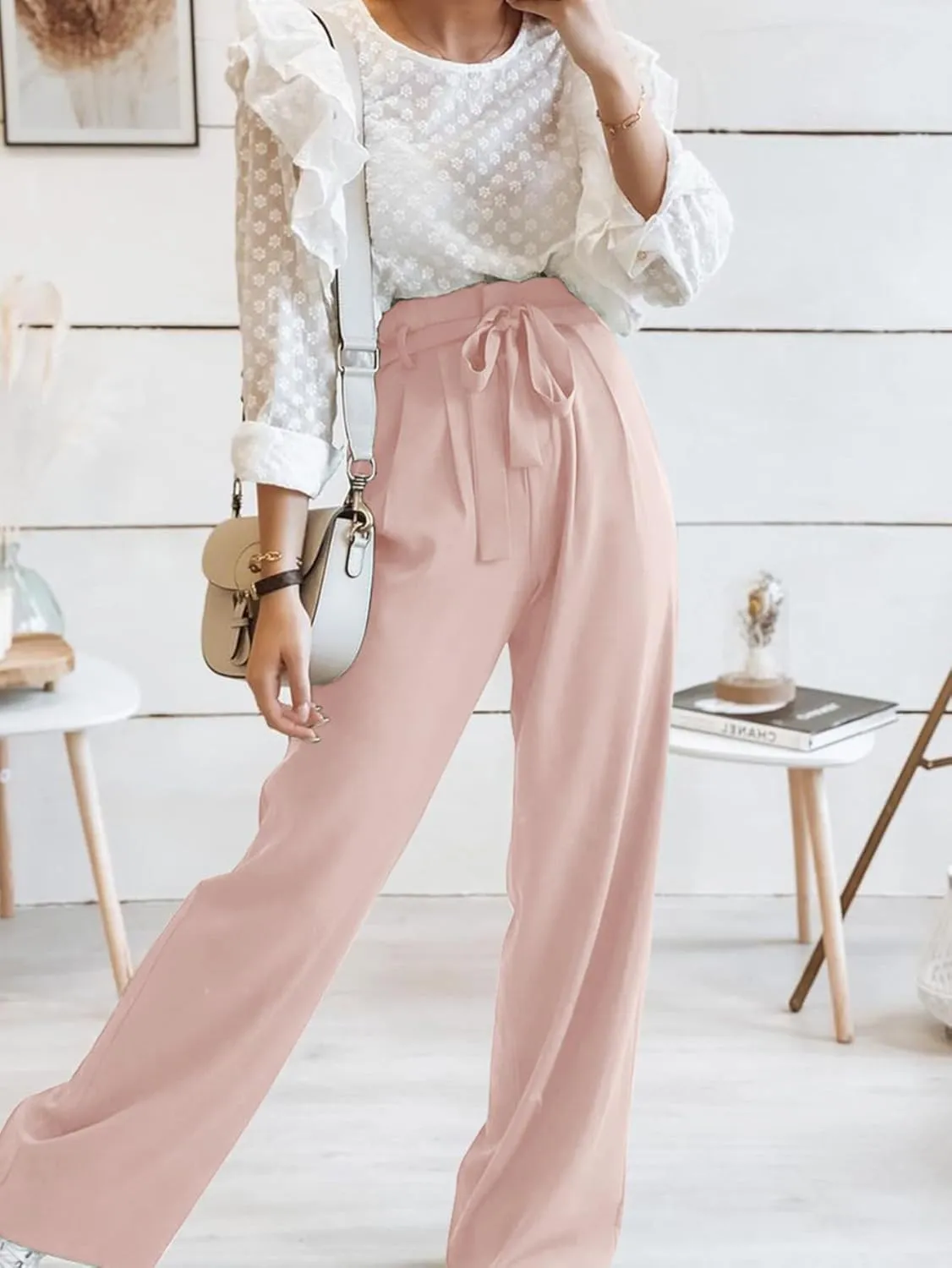 IFFEI Women's Wide Leg Pants with Pockets Business Casual Trousers High Waist with Adjustable Belt