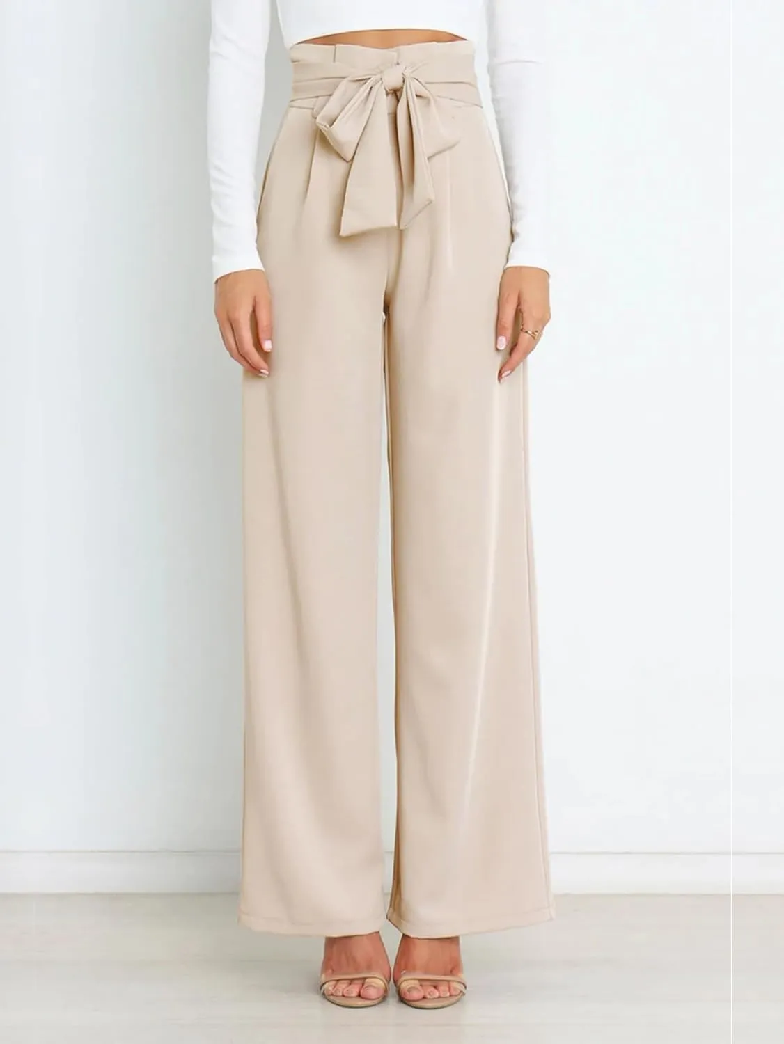 IFFEI Women's Wide Leg Pants with Pockets Business Casual Trousers High Waist with Adjustable Belt