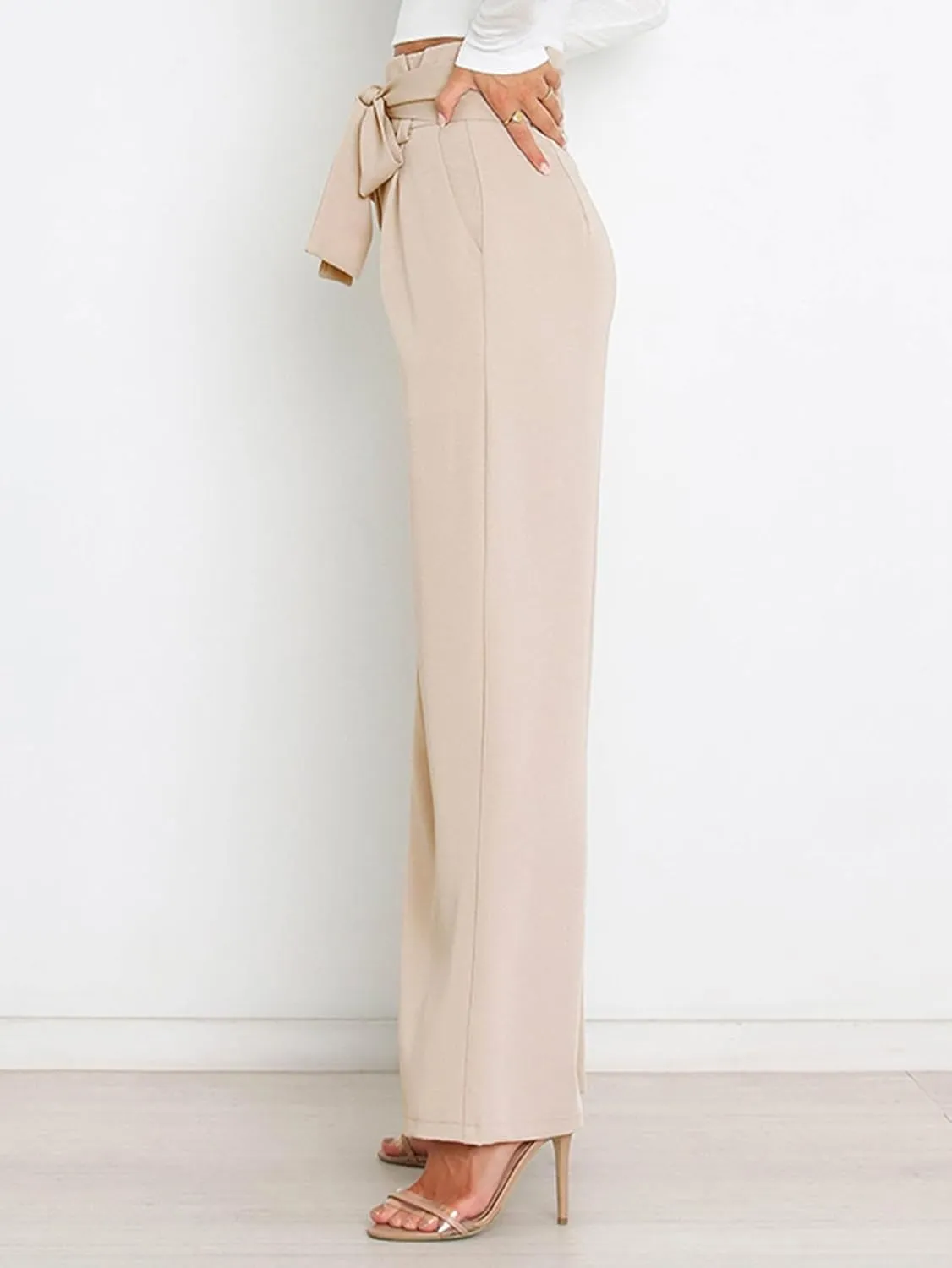 IFFEI Women's Wide Leg Pants with Pockets Business Casual Trousers High Waist with Adjustable Belt