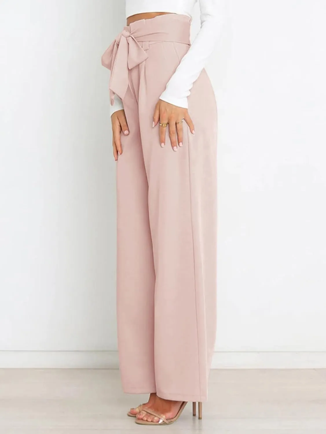IFFEI Women's Wide Leg Pants with Pockets Business Casual Trousers High Waist with Adjustable Belt