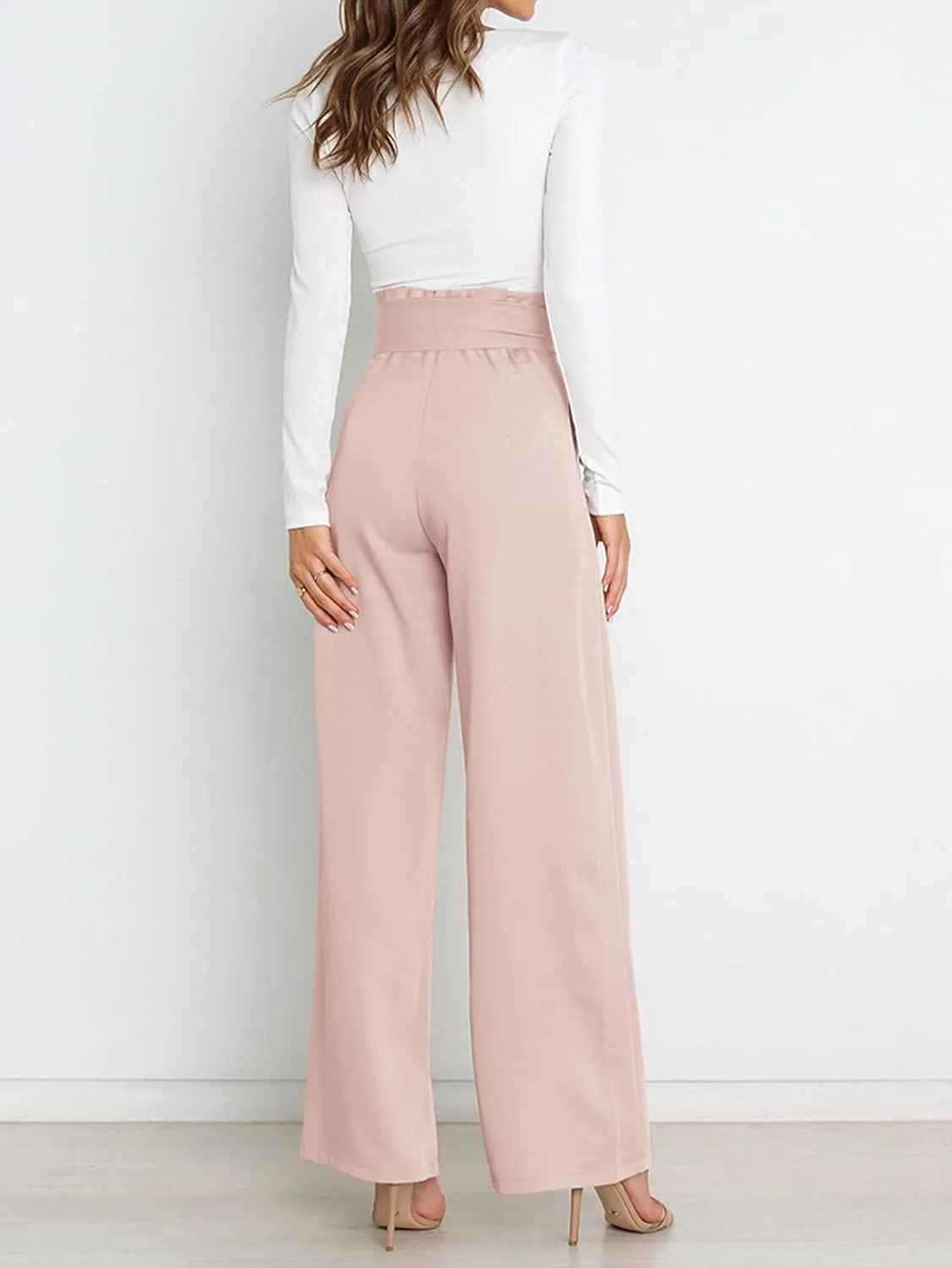 IFFEI Women's Wide Leg Pants with Pockets Business Casual Trousers High Waist with Adjustable Belt