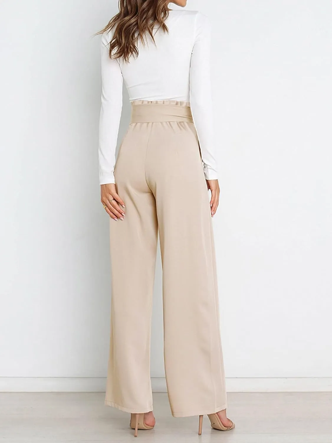 IFFEI Women's Wide Leg Pants with Pockets Business Casual Trousers High Waist with Adjustable Belt