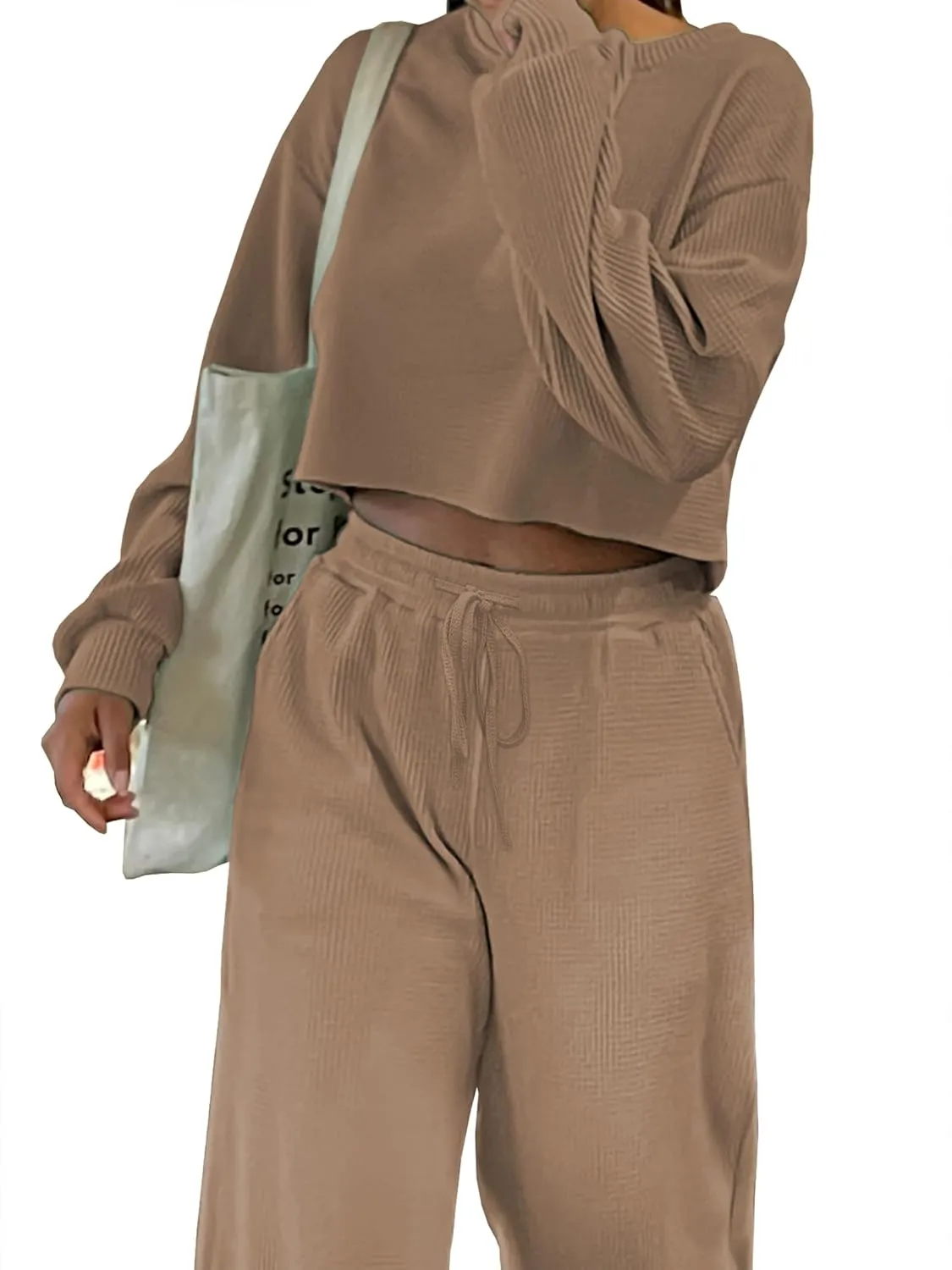 iGENJUN Two Piece Outfits Oversized Waffle Long Sleeve Crop Tops and Wide Leg pant Lounge Sets