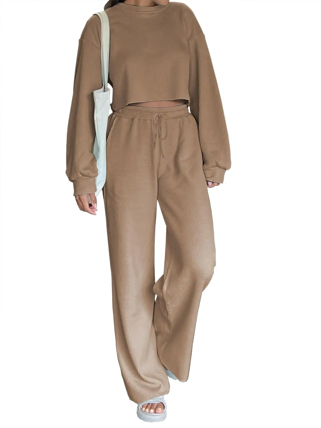 iGENJUN Two Piece Outfits Oversized Waffle Long Sleeve Crop Tops and Wide Leg pant Lounge Sets