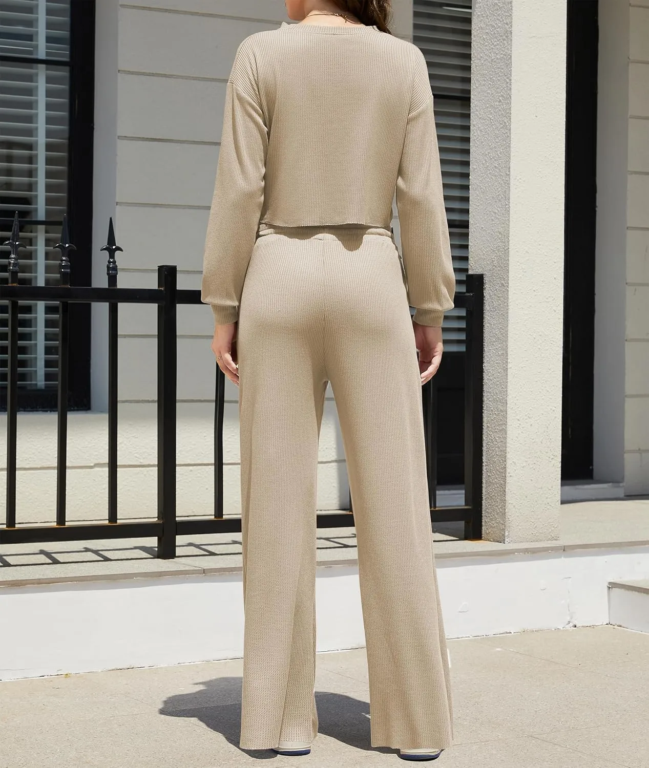 iGENJUN Two Piece Outfits Oversized Waffle Long Sleeve Crop Tops and Wide Leg pant Lounge Sets