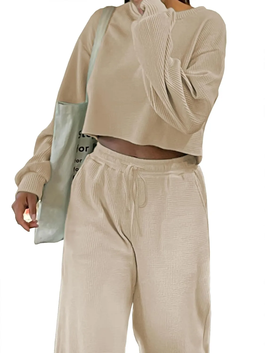 iGENJUN Two Piece Outfits Oversized Waffle Long Sleeve Crop Tops and Wide Leg pant Lounge Sets