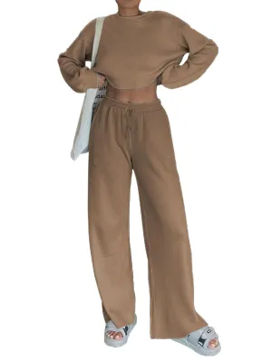 iGENJUN Two Piece Outfits Oversized Waffle Long Sleeve Crop Tops and Wide Leg pant Lounge Sets