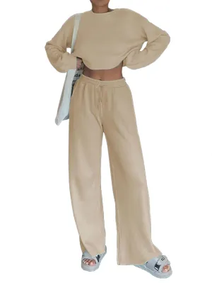 iGENJUN Two Piece Outfits Oversized Waffle Long Sleeve Crop Tops and Wide Leg pant Lounge Sets