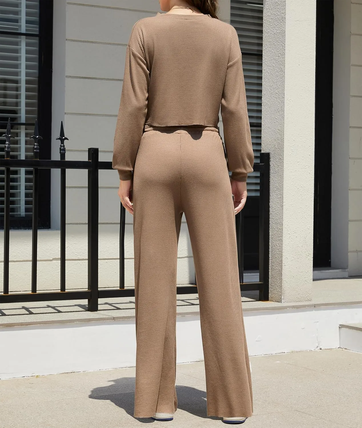 iGENJUN Two Piece Outfits Oversized Waffle Long Sleeve Crop Tops and Wide Leg pant Lounge Sets