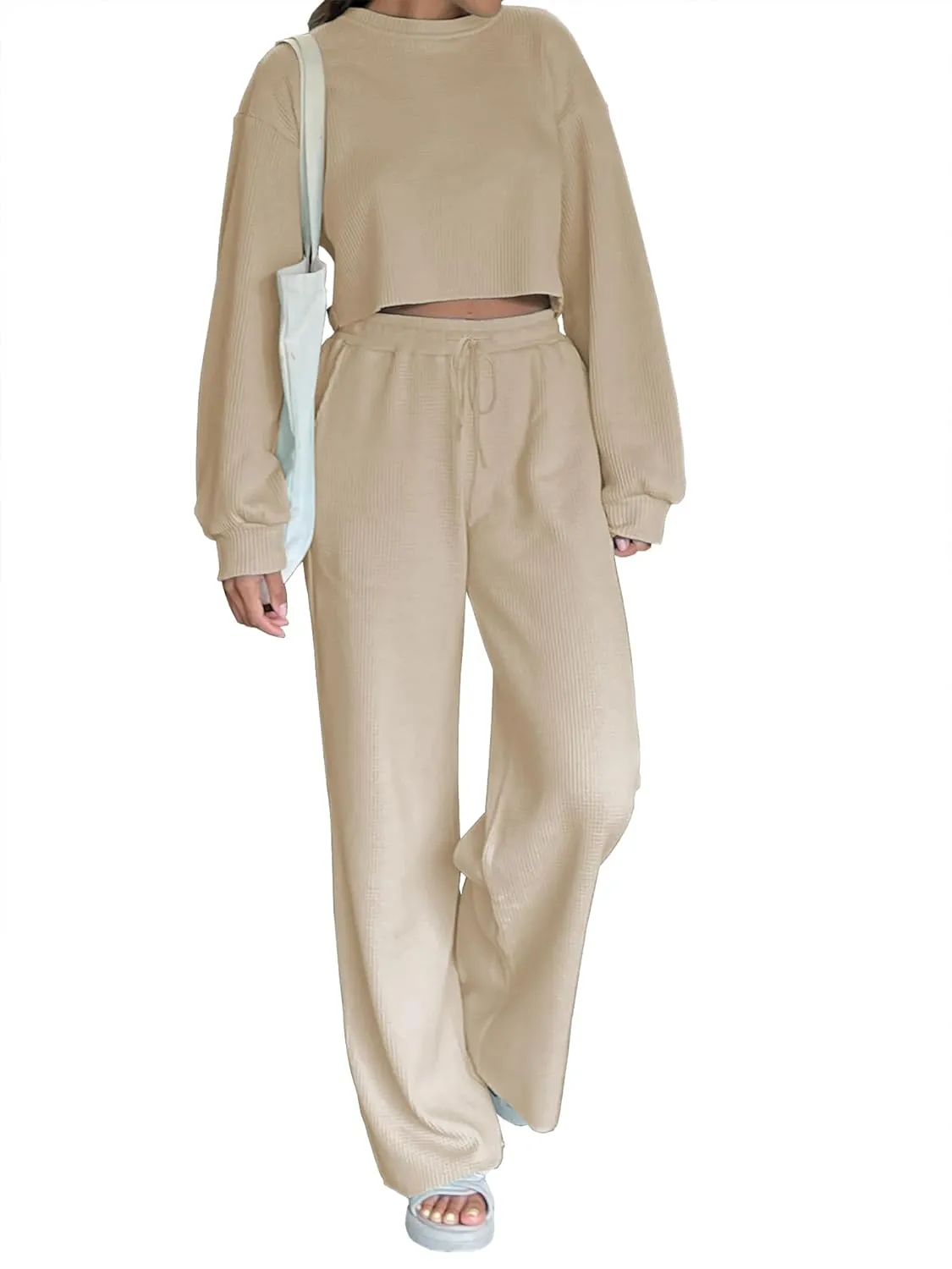 iGENJUN Two Piece Outfits Oversized Waffle Long Sleeve Crop Tops and Wide Leg pant Lounge Sets