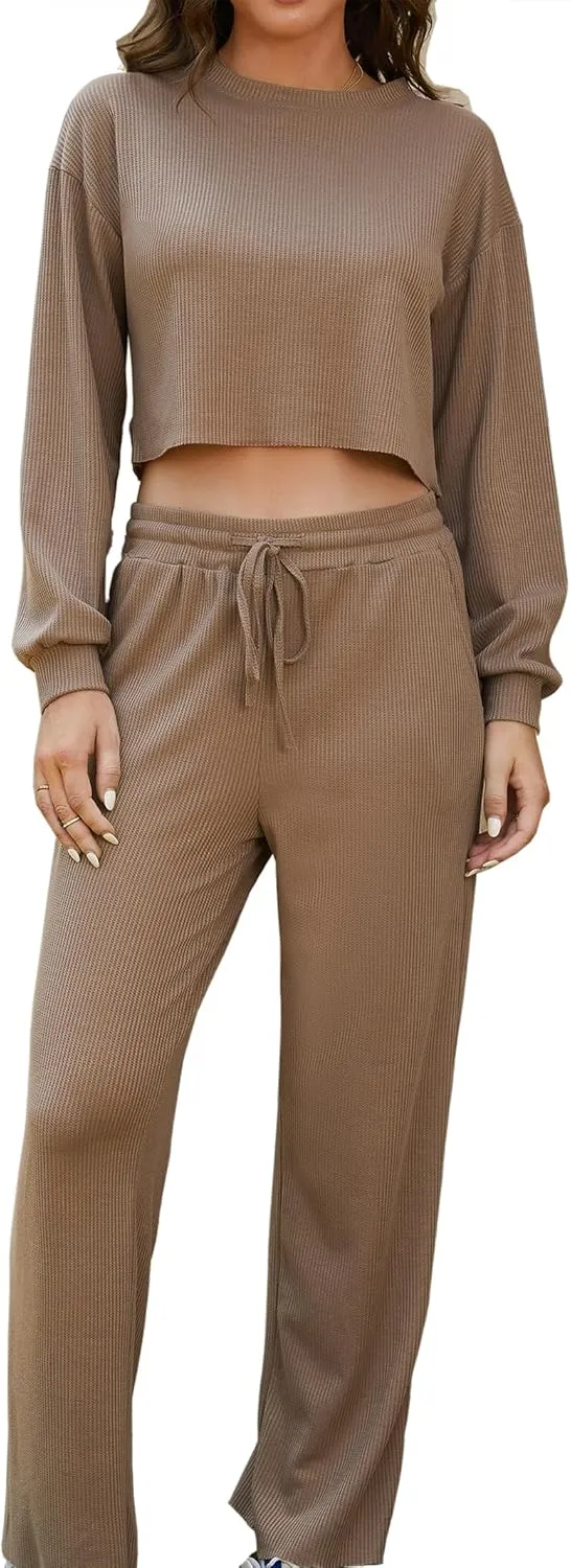 iGENJUN Two Piece Outfits Oversized Waffle Long Sleeve Crop Tops and Wide Leg pant Lounge Sets