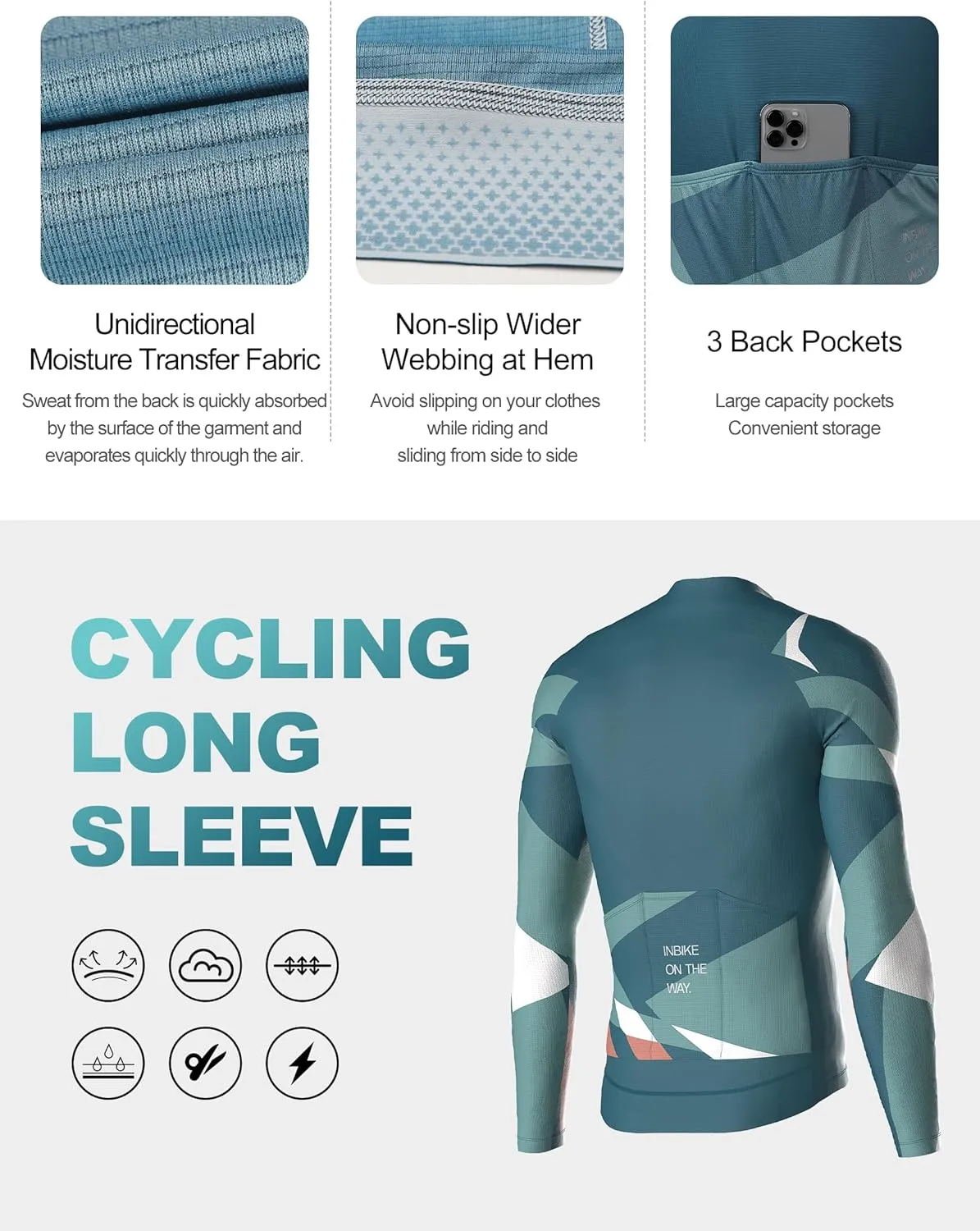 INBIKE Cycling Jersey Long Sleeve Breathable and Quick Dry with 3 Rear Pockets Biking Shirt for Men and Women