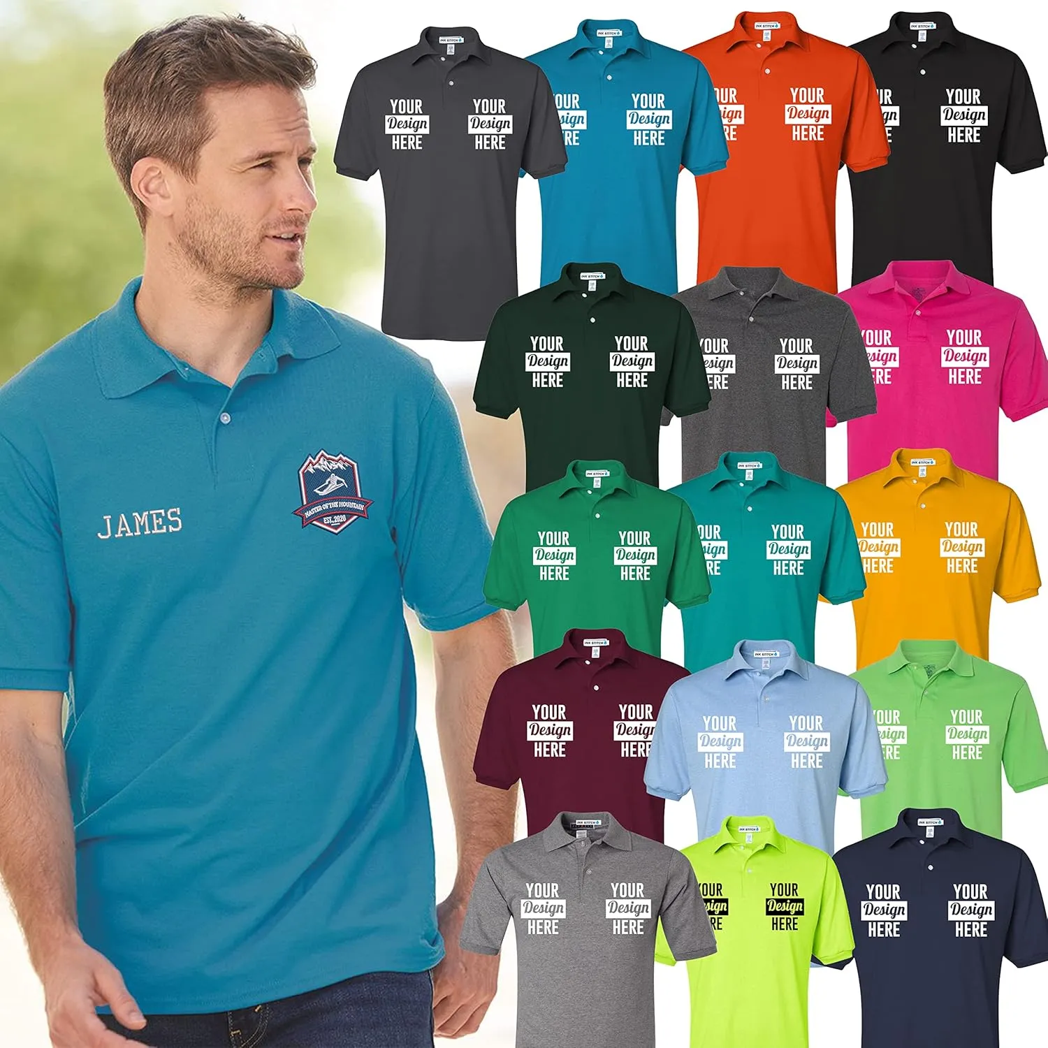 INK STITCH Men 437msr Custom Stitching Embroidery Logo Texts SpotShield Polo Shirts