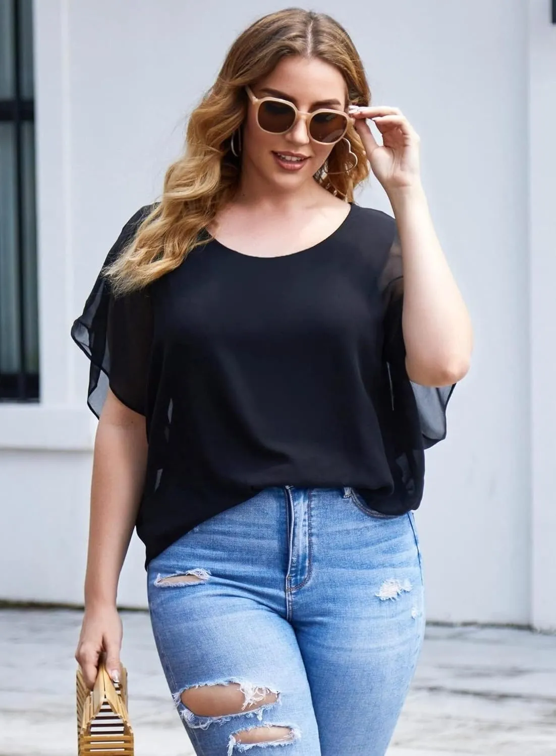 IN'VOLAND Plus Size Women Chiffon Blouse Batwing Sleeve Tops Scoop Neck Tunic Shirts
