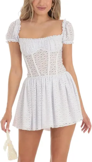 iTranyee Women Y2k Square Neck A Line Mini Dress Fairycore Short Sleeve Ruffle Swing Party Dress Concert Graduation Dress