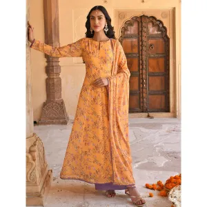 Janasya Yellow Georgette Floral Print Kurta with Flared Palazzo and Dupatta (Set of 3)