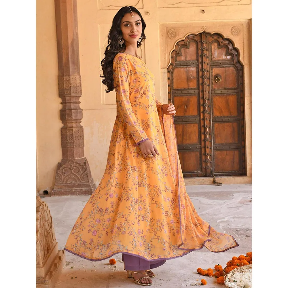 Janasya Yellow Georgette Floral Print Kurta with Flared Palazzo and Dupatta (Set of 3)