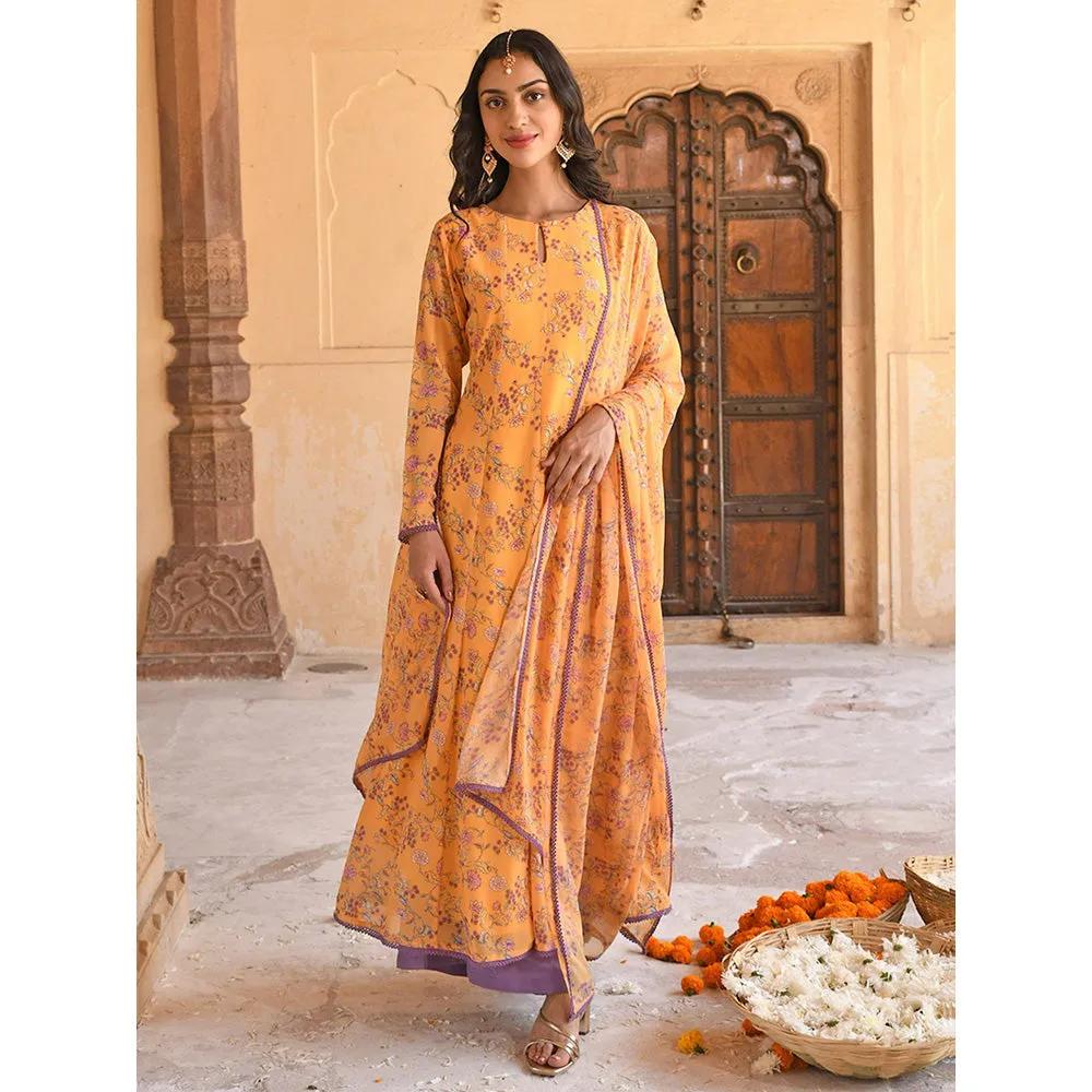 Janasya Yellow Georgette Floral Print Kurta with Flared Palazzo and Dupatta (Set of 3)