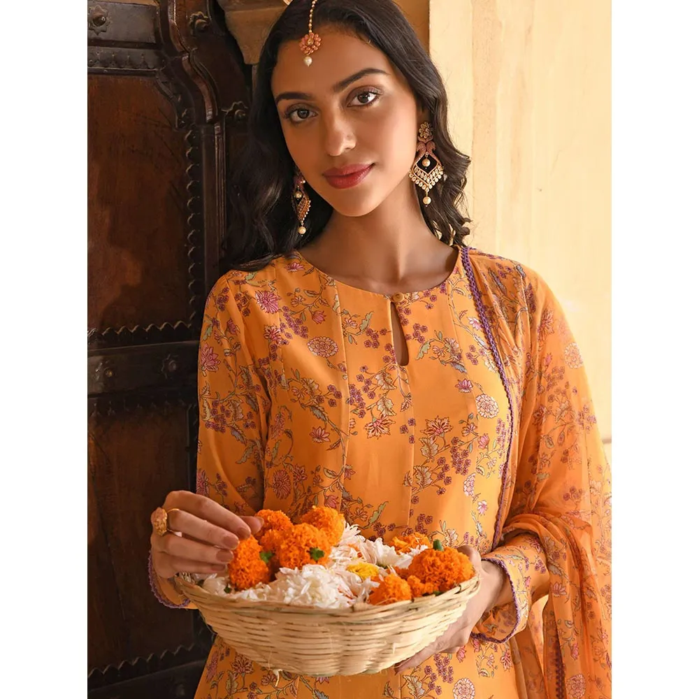 Janasya Yellow Georgette Floral Print Kurta with Flared Palazzo and Dupatta (Set of 3)
